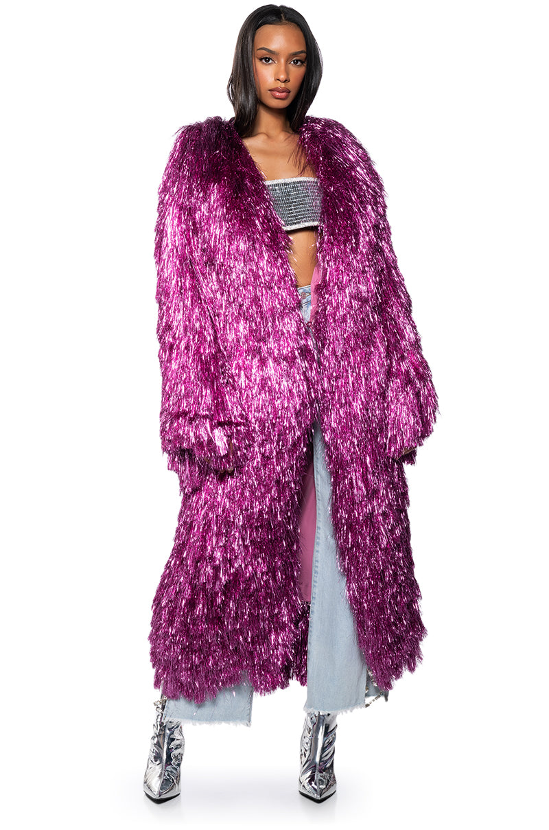 Back View Im So Fancy Tinsel Metallic Shaket Trench In Pink