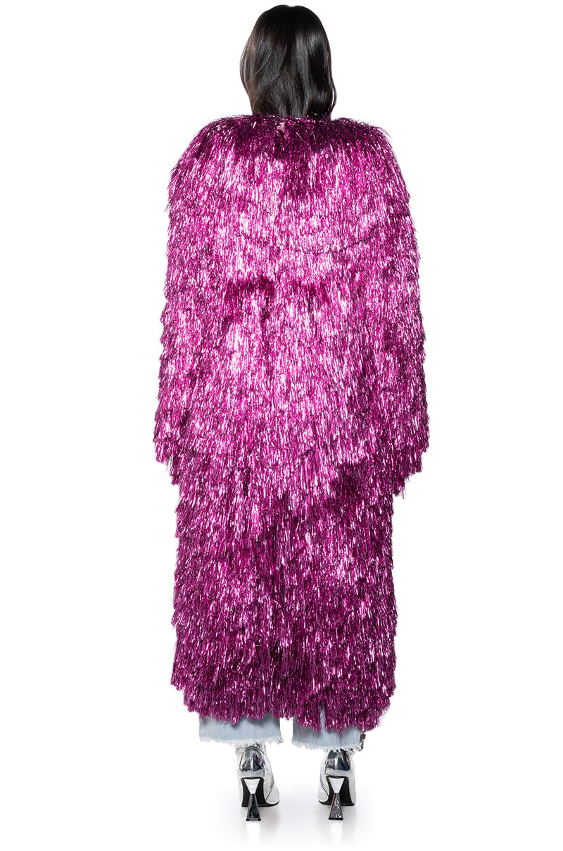 Full View Im So Fancy Tinsel Metallic Shaket Trench In Pink
