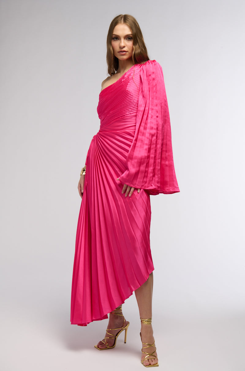 Side View Im That Girl Satin Midi Dress In Neon Pink