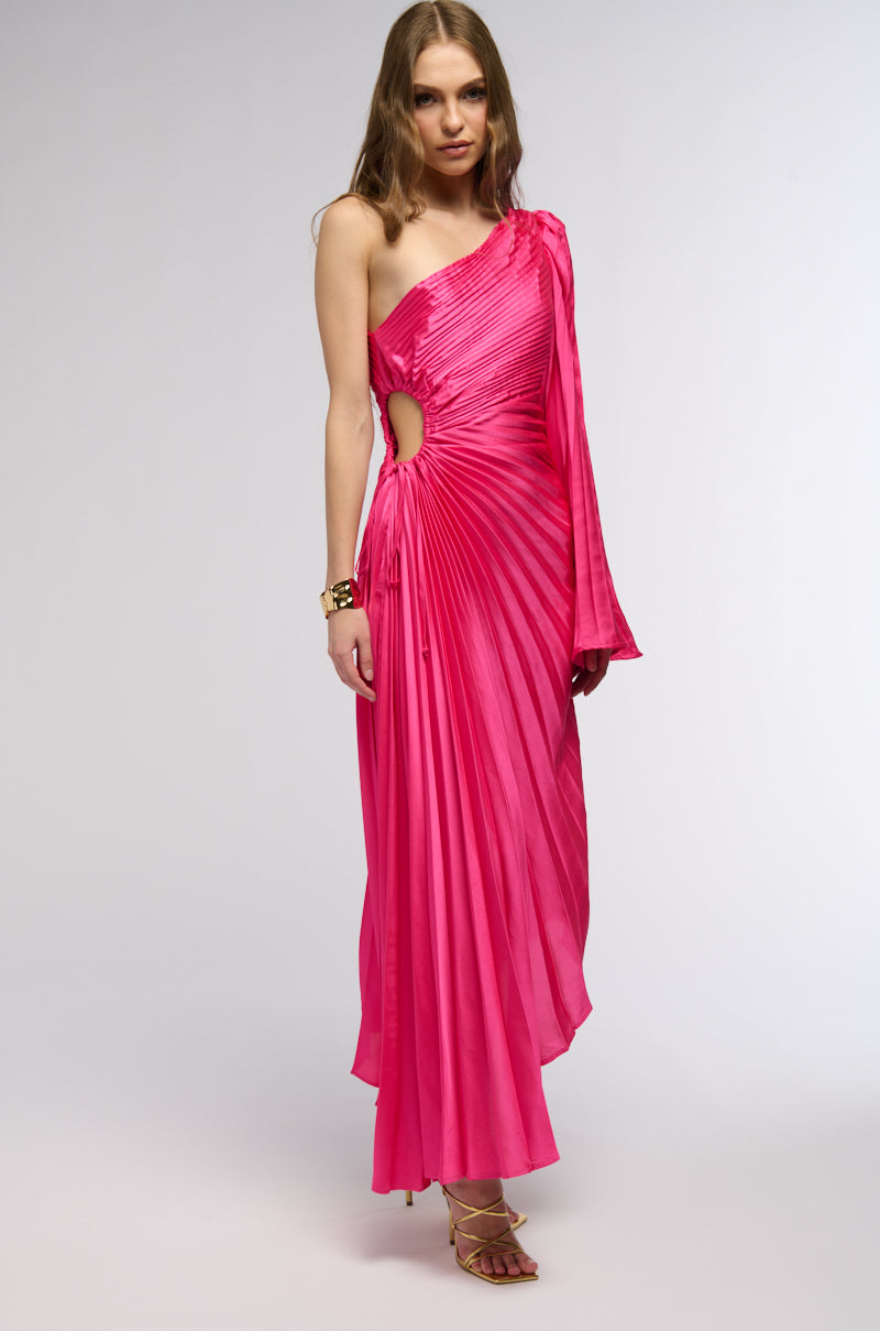 Detail View Im That Girl Satin Midi Dress In Neon Pink