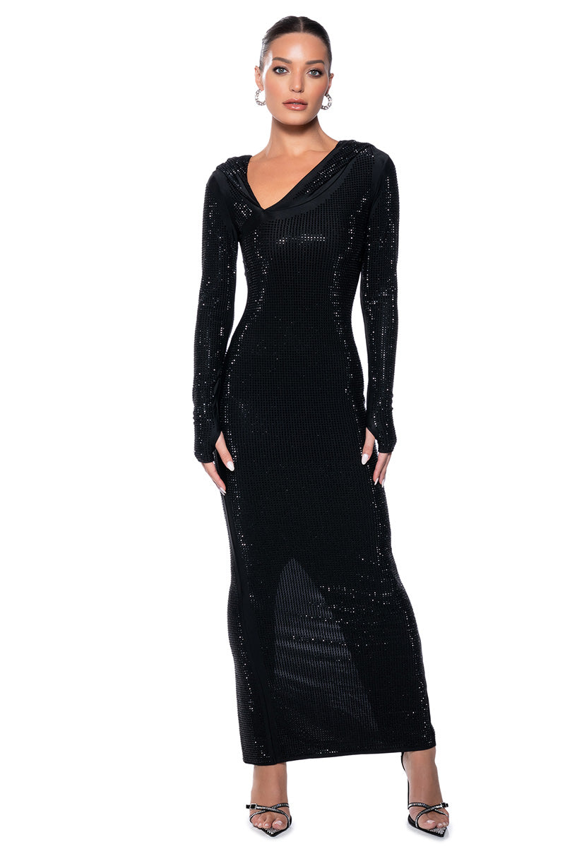 IMA SHINE RHINESTONE HOODED MIDI DRESS IN BLACK – AKIRA