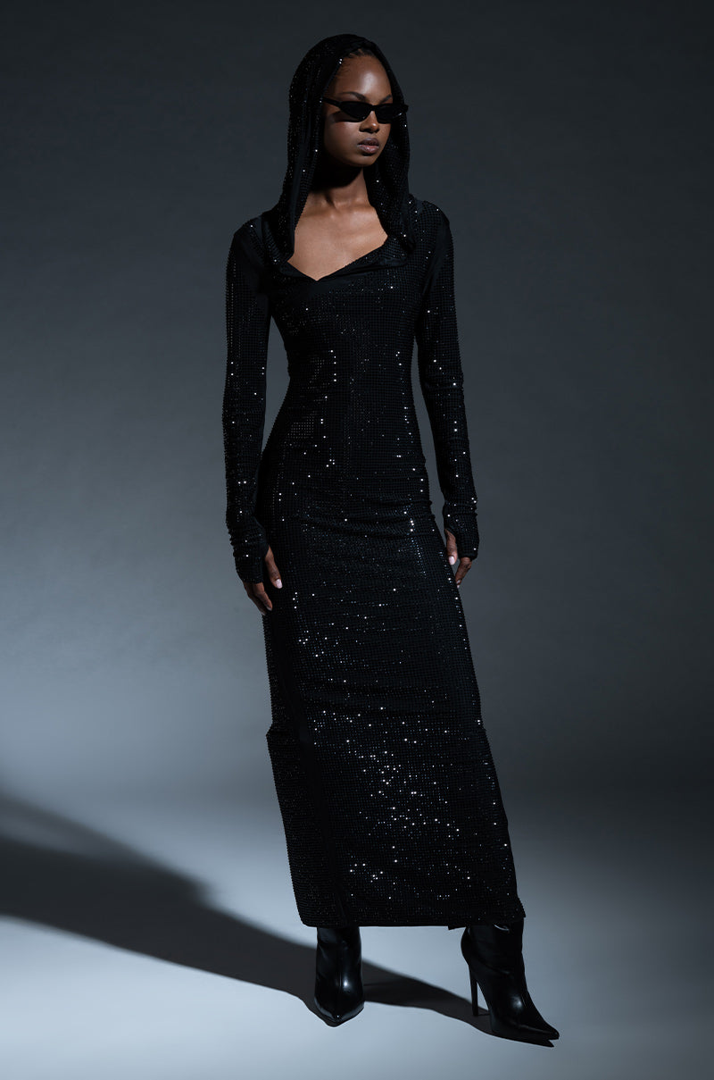 Extra View Ima Shine Rhinestone Hooded Midi Dress