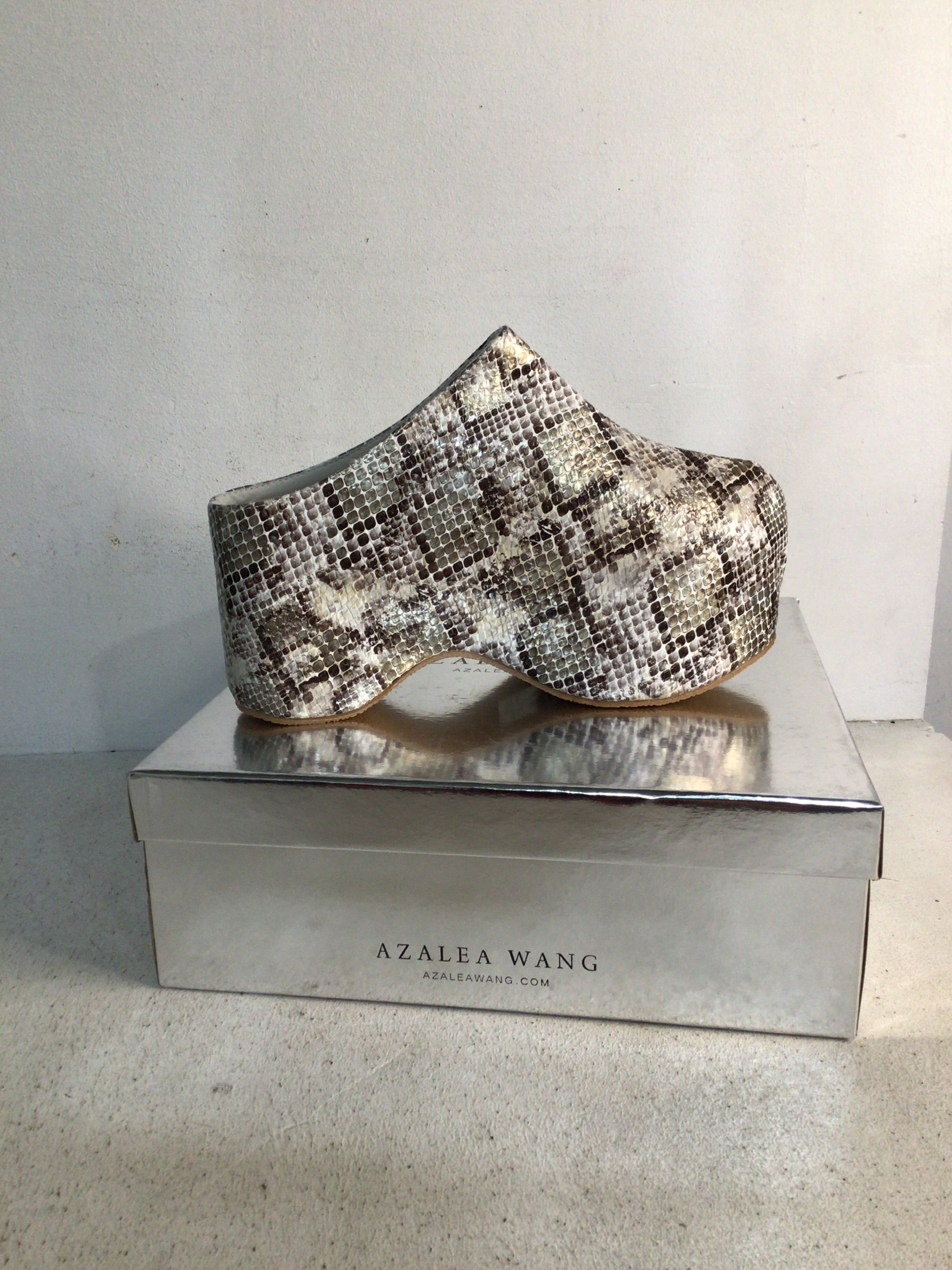 The AZALEA WANG TEATREE SNAKE FLATFORM, a stylish platform shoe with a chunky heel and a snakeskin-inspired texture in shades of beige, brown, and white, is showcased atop a silver shoebox labeled "AZALEA WANG." The backdrop includes a plain wall and a concrete floor.