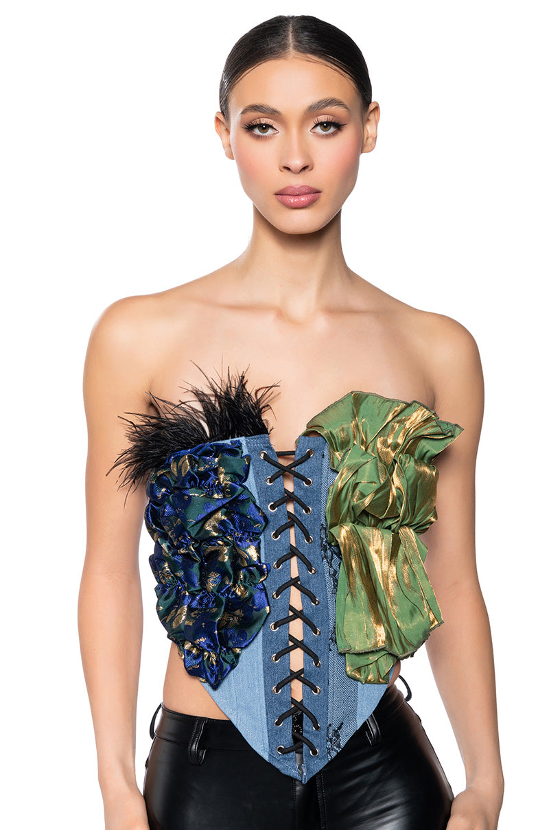 Front View Imagine Dramatic Denim Corset Top