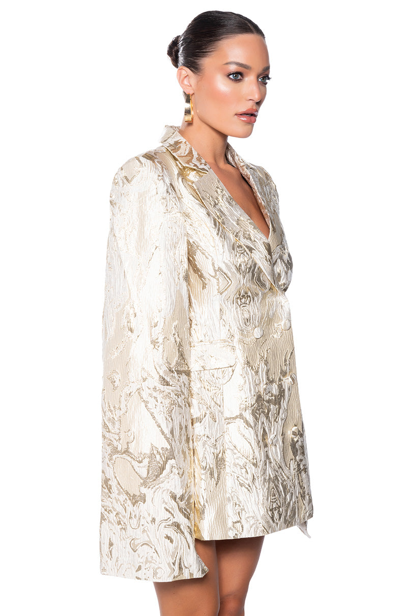 Back View Imani Brocade Cape Sleeve Blazer Dress