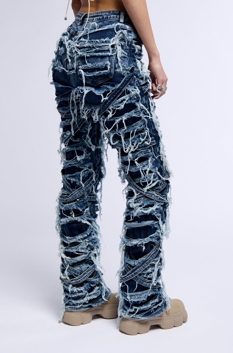 Back View Imani Super Distressed Relaxed Fit Jeans In Dark Blue