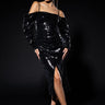 Front View Imogen Off The Shoulder Long Sleeve Sequin Midi Dress