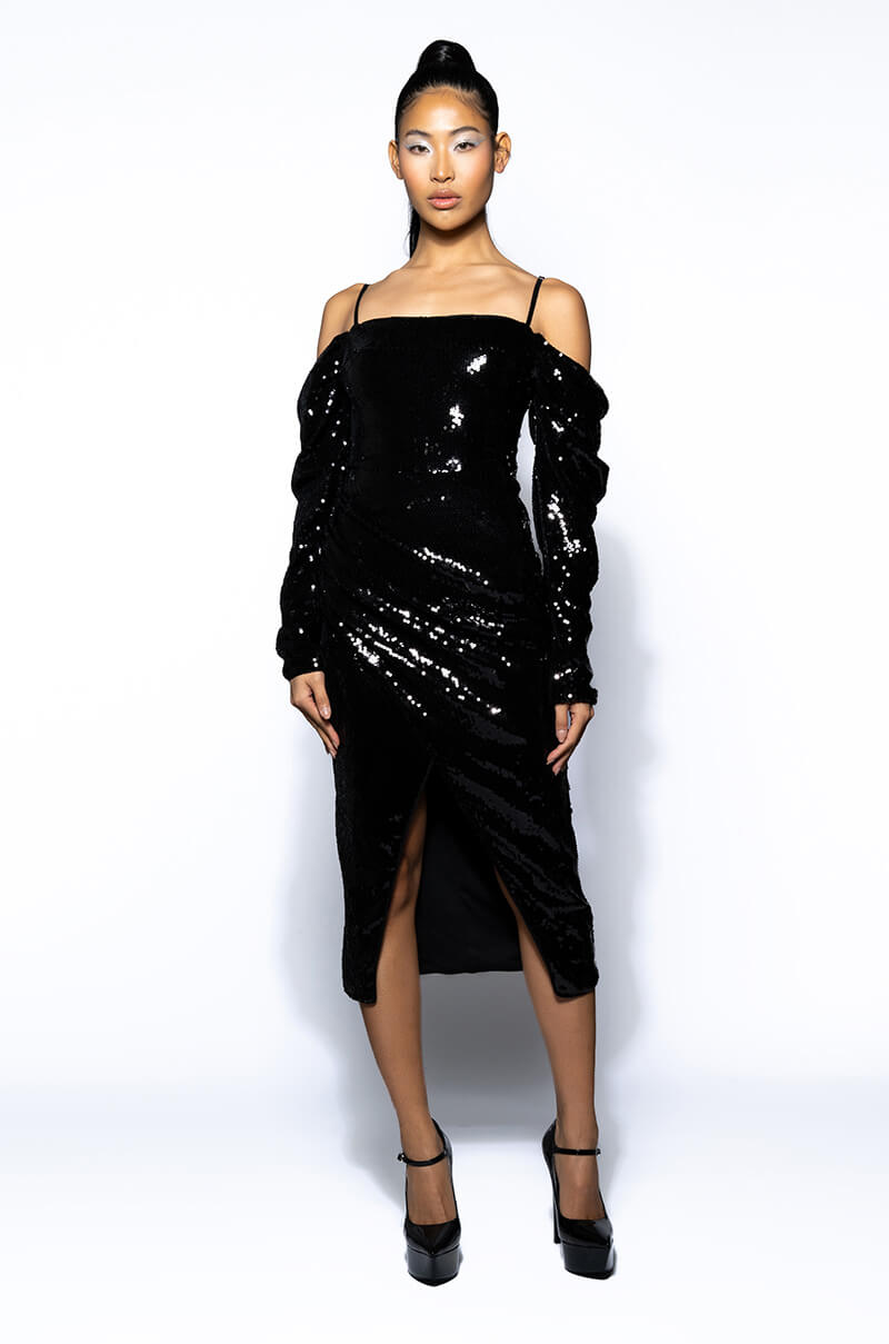 Side View Imogen Off The Shoulder Long Sleeve Sequin Midi Dress