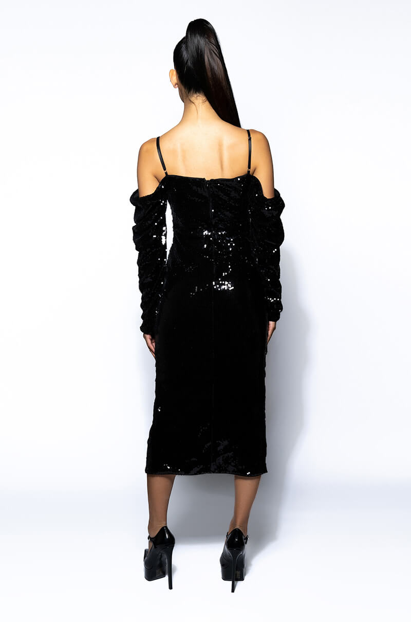 Detail View Imogen Off The Shoulder Long Sleeve Sequin Midi Dress