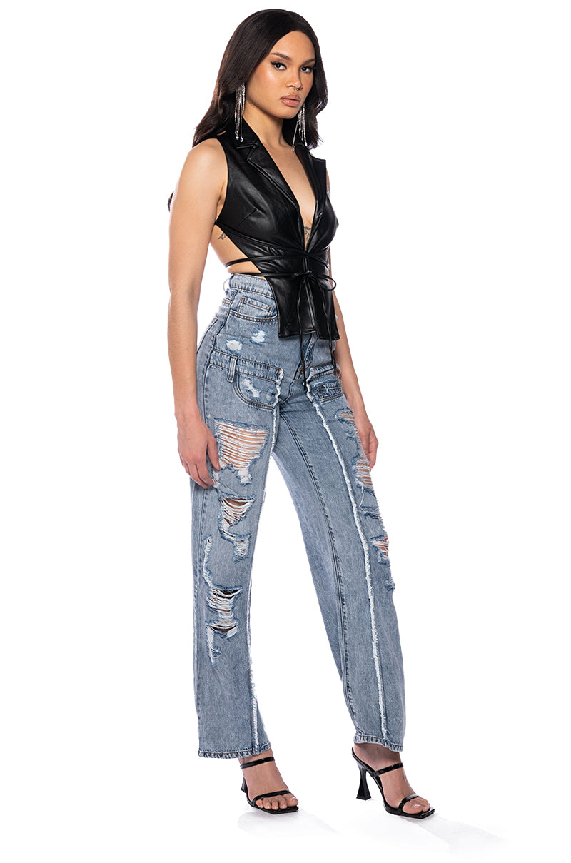 Back View Impact On You Distressed Wide Leg High Rise Jeans
