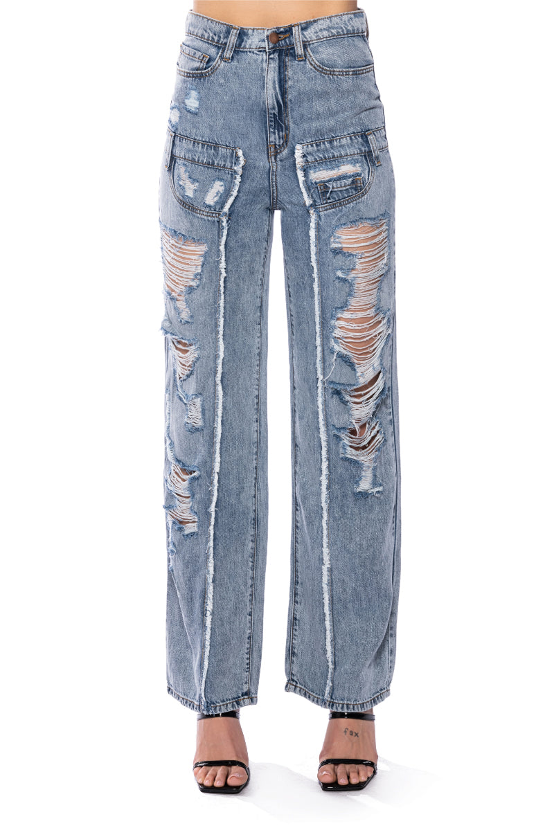 Detail View Impact On You Distressed Wide Leg High Rise Jeans