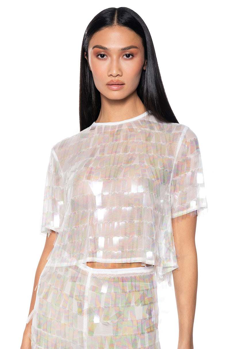 IMPRESS ME IRIDESCENT SHORT SLEEVE SEQUIN TOP view 0