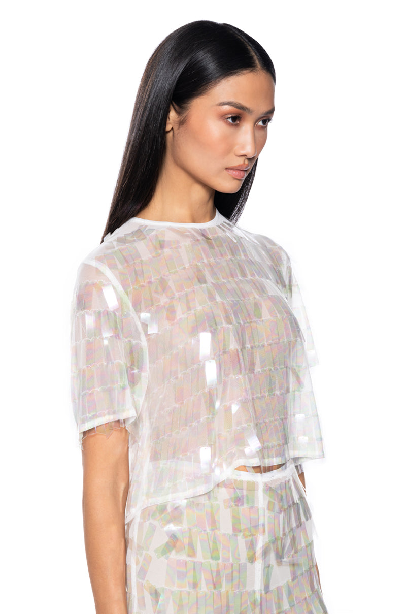 Side View Impress Me Iridescent Open Back Sequin Top