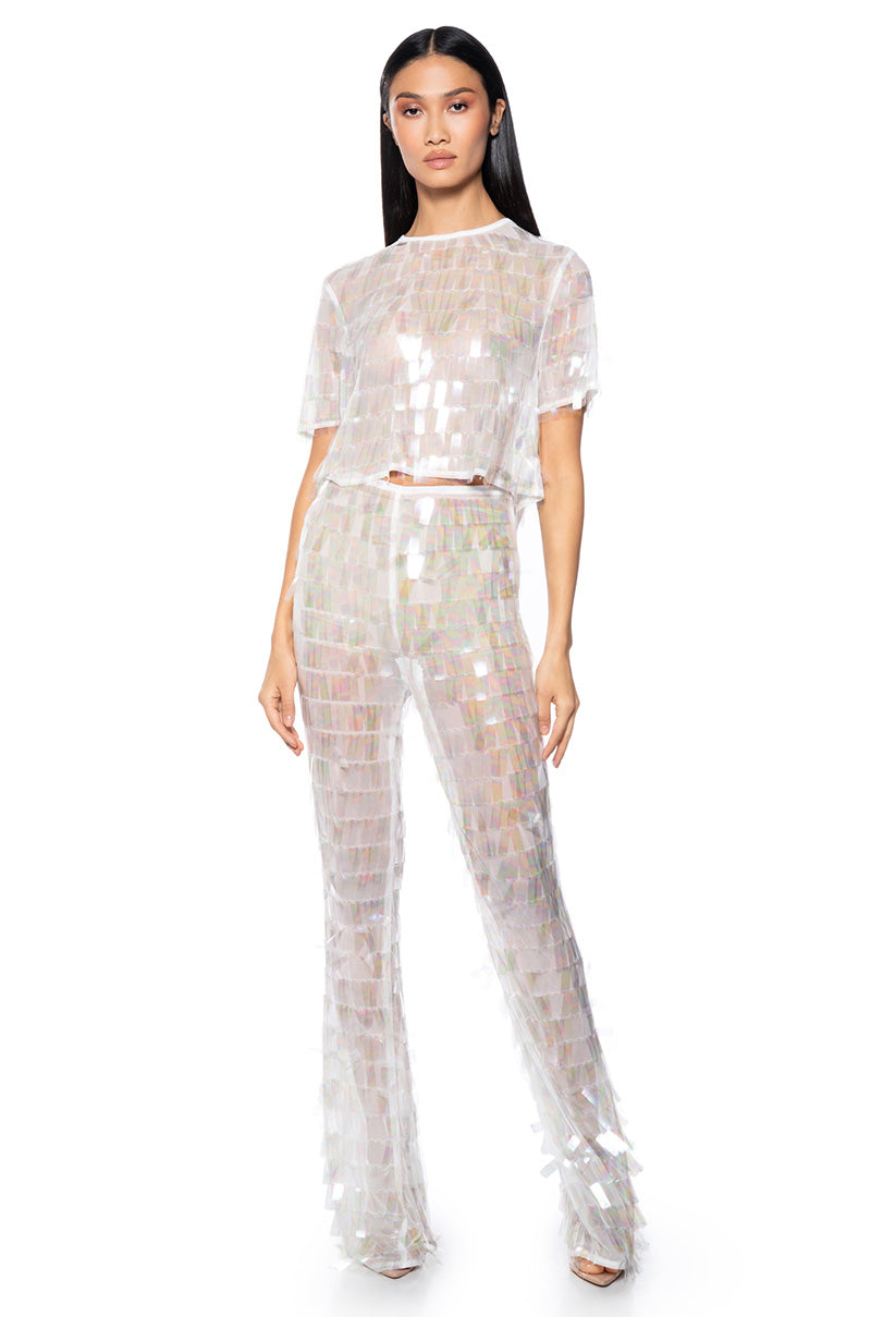 Back View Impress Me Iridescent Open Back Sequin Top
