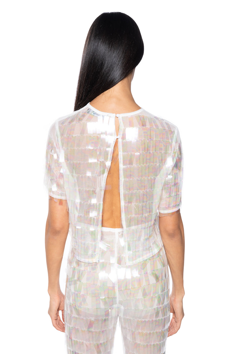 Full View Impress Me Iridescent Open Back Sequin Top