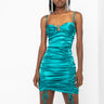 Front View In A Boss Bitch Mood Mini Dress With Ruched Front in Teal