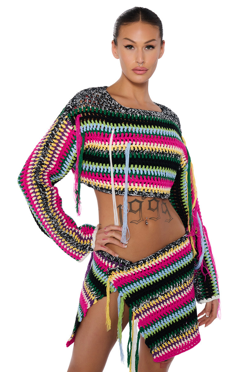 Front View In My Element Crochet Off The Shoulder Knit Top