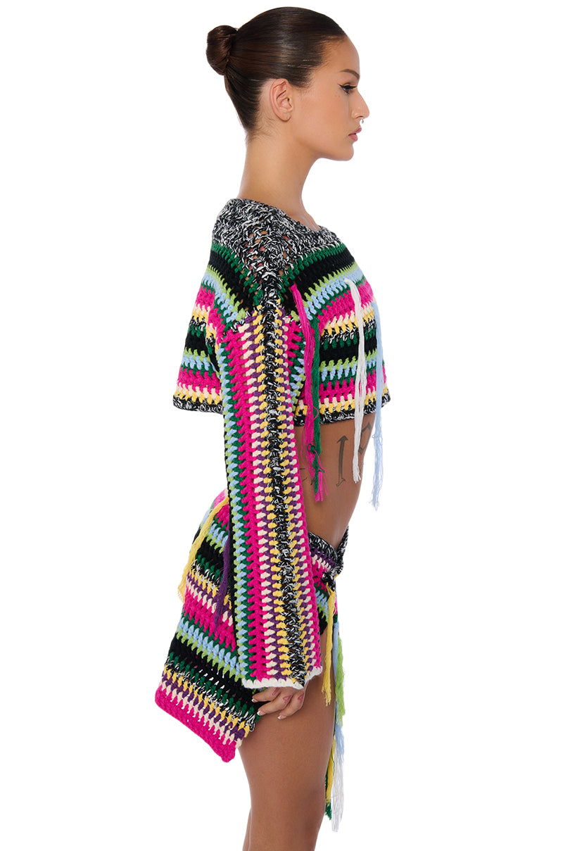 Detail View In My Element Crochet Off The Shoulder Knit Top
