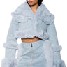 Front View In My Feelings Fur Trim Denim Jacket