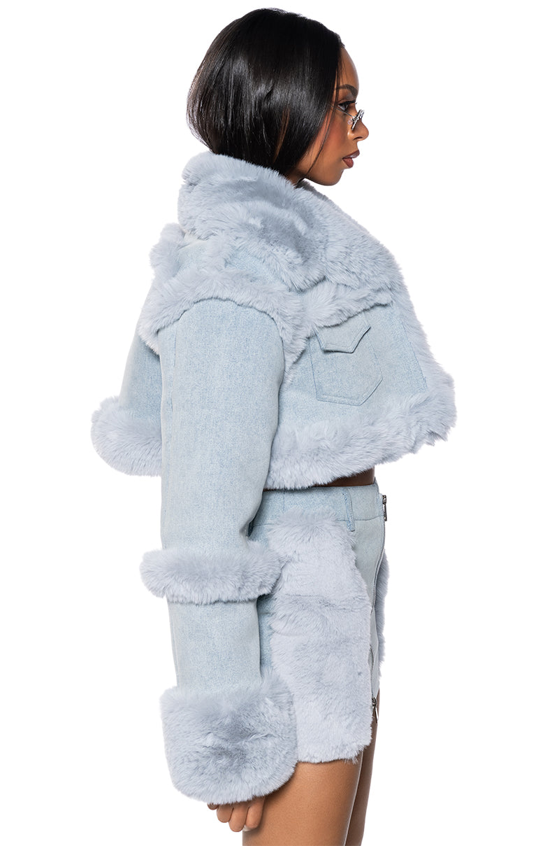 Detail View In My Feelings Fur Trim Denim Jacket