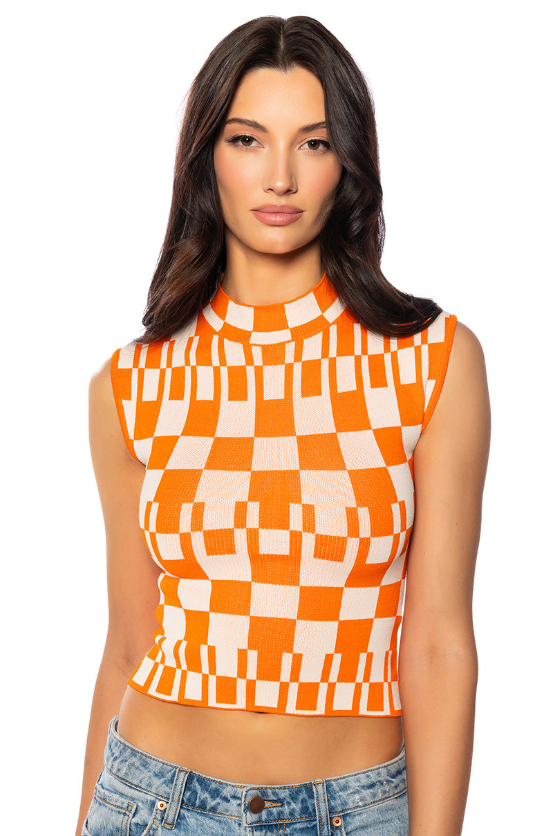 Front View In My Feelings Knit Mock Neck Top In Orange White