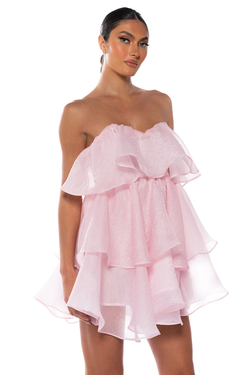 Back View In My Own Fairytale Strapless Ruffle Mini Dress In Light Pink