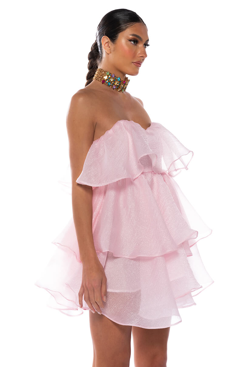 Detail View In My Own Fairytale Strapless Ruffle Mini Dress In Light Pink