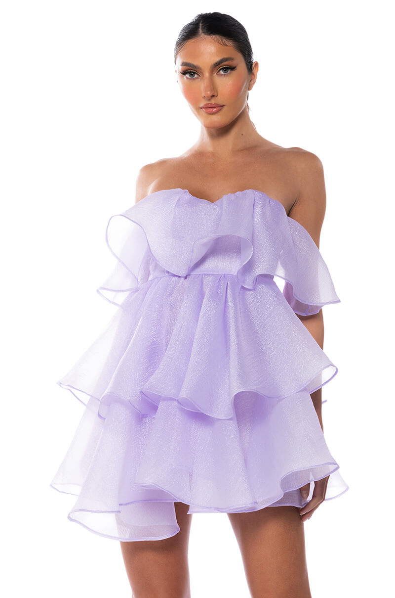 Front View In My Own Fairytale Strapless Ruffle Mini Dress In Purple