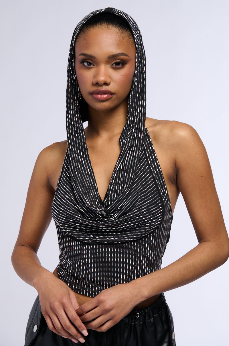 IN THE NAME OF LOVE HOODED RHINESTONE TOP IN BLACK view 0
