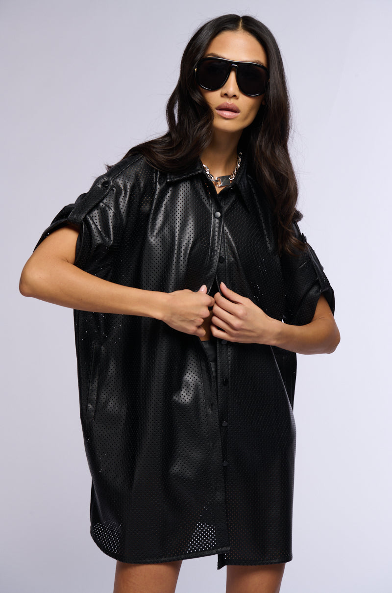 INCOGNITO LASER CUT OUT FAUX LEATHER SHIRT DRESS AKIRA INCOGNITO LASER CUT OUT FAUX LEATHER SHIRT DRESS AKIRA