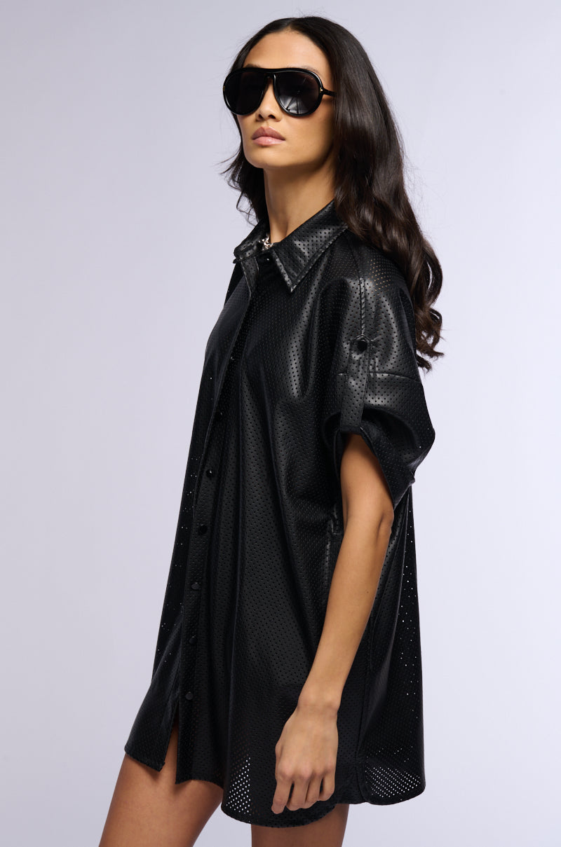 Detail View Incognito Laser Cut Out Faux Leather Shirt Dress
