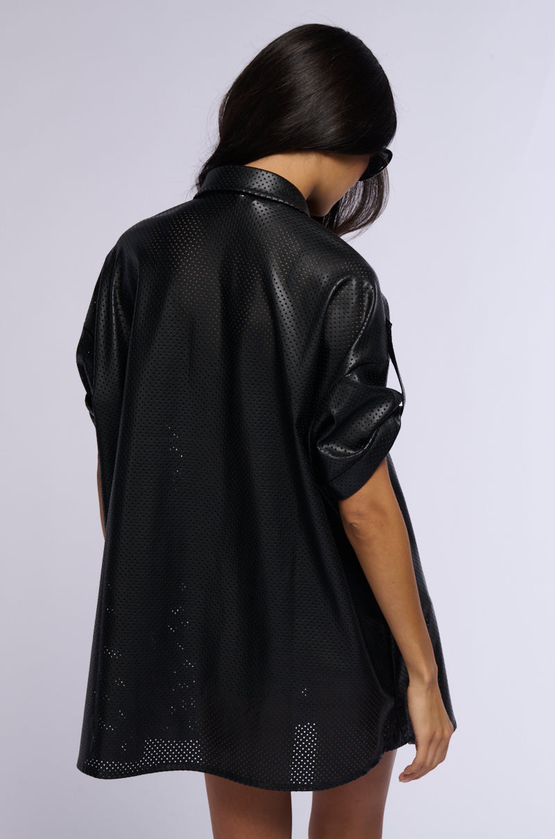 INCOGNITO LASER CUT OUT FAUX LEATHER SHIRT DRESS AKIRA INCOGNITO LASER CUT OUT FAUX LEATHER SHIRT DRESS AKIRA