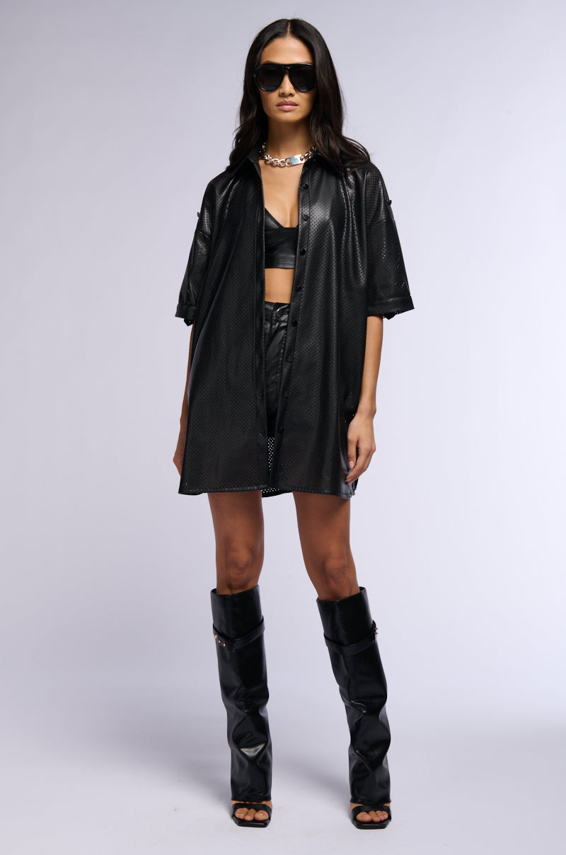 INCOGNITO LASER CUT OUT FAUX LEATHER SHIRT DRESS AKIRA INCOGNITO LASER CUT OUT FAUX LEATHER SHIRT DRESS AKIRA