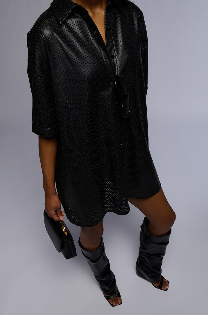 INCOGNITO LASER CUT OUT FAUX LEATHER SHIRT DRESS AKIRA INCOGNITO LASER CUT OUT FAUX LEATHER SHIRT DRESS AKIRA