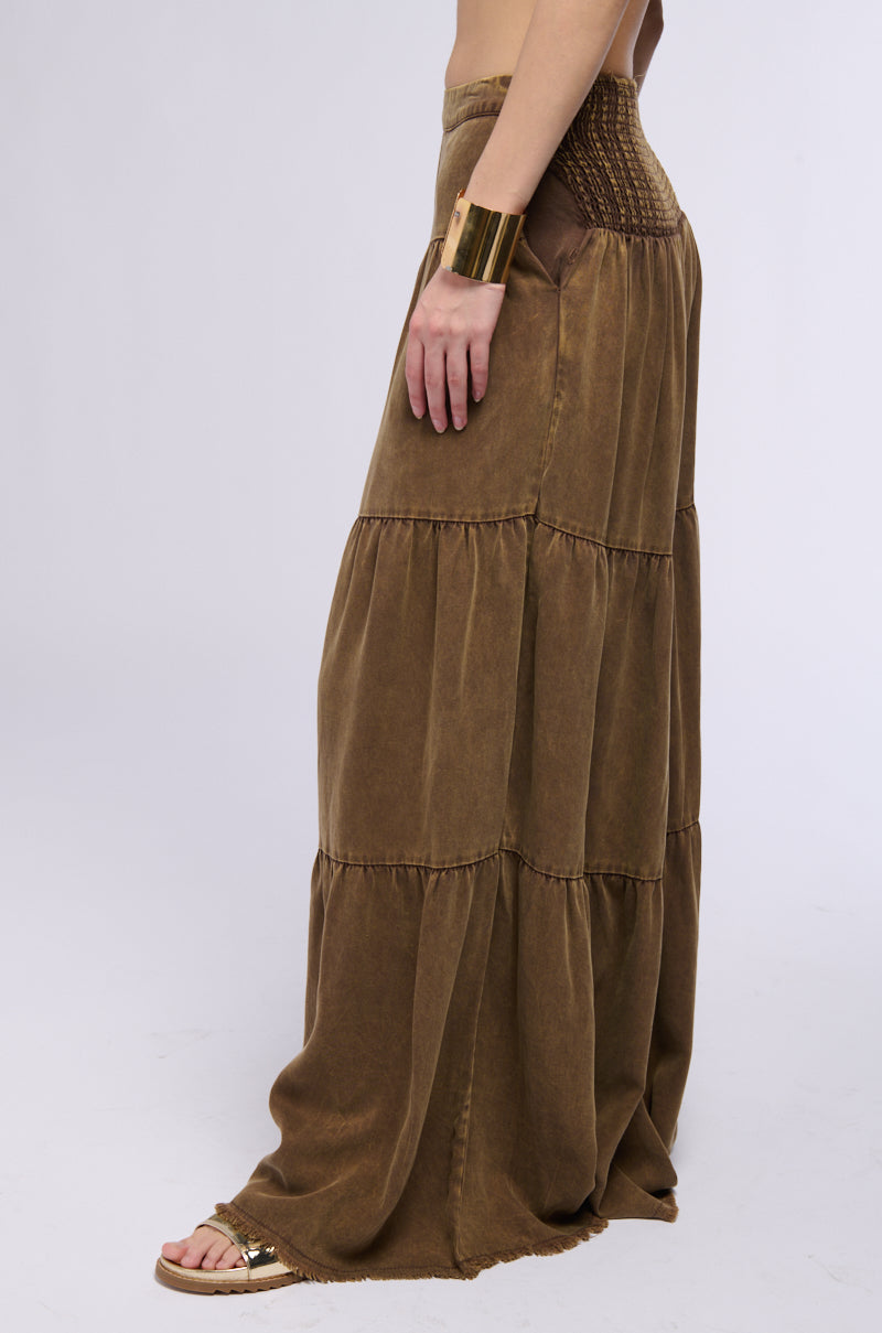 Back View Indie Washed Tiered Wide Leg Pants