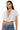 Front View Indigo Draped Rhinestone Mesh Blouse In White