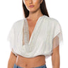 Front View Indigo Draped Rhinestone Mesh Blouse In White