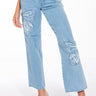 Front View Infinity Butterfly Detail Mid Rise Wide Leg Denim