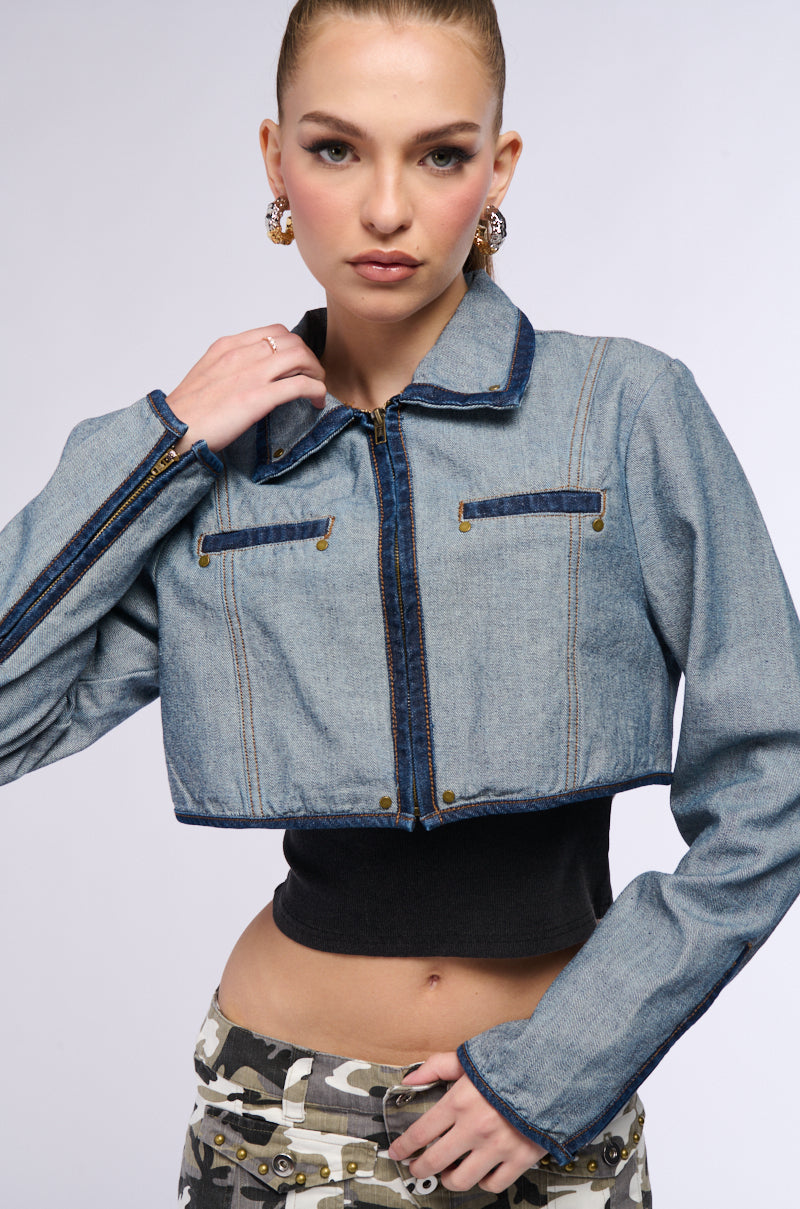 Side View Inside Out Denim Crop Jacket