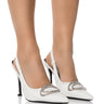 Front View Interlocking Embellished Denim Slingback Stiletto Pump In White