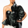 Front View Intimidated Strapless Ruffle Peplum Blouse