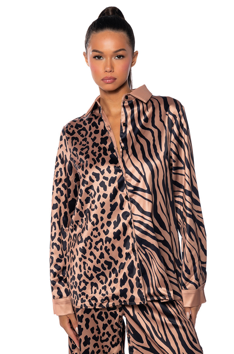 Front View Into The Night Satin Button Down With Fringe In Brown Multi