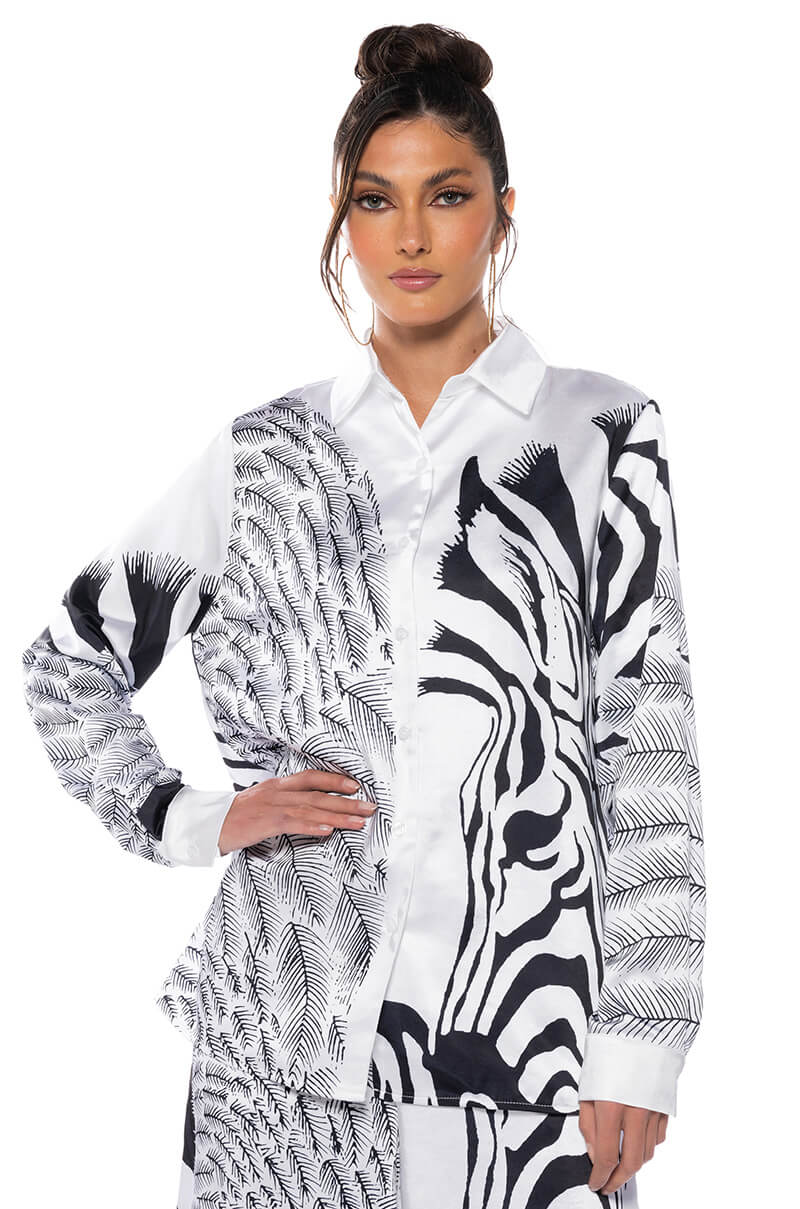 Front View Into The Night Satin Button Down With Fringe