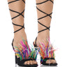 Front View Into You Feather Detail Denim Stiletto Sandal In Black