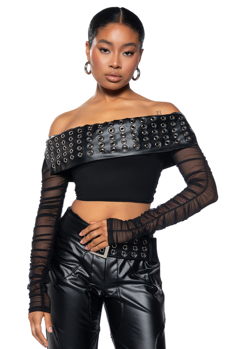 Front View Invest In Me Faux Leather Off The Shoulder Mesh Top
