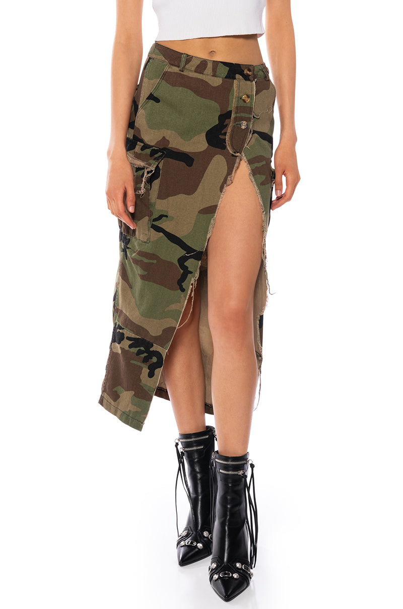 Front View Invincible Camo Cargo Midi Skirt With High Slit