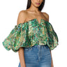 Front View Iris Off The Shoulder Brocade Blouse In Green