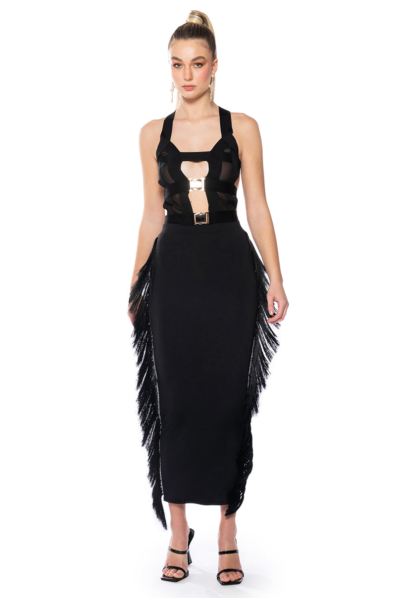 Front View Irma Fringe Maxi Skirt