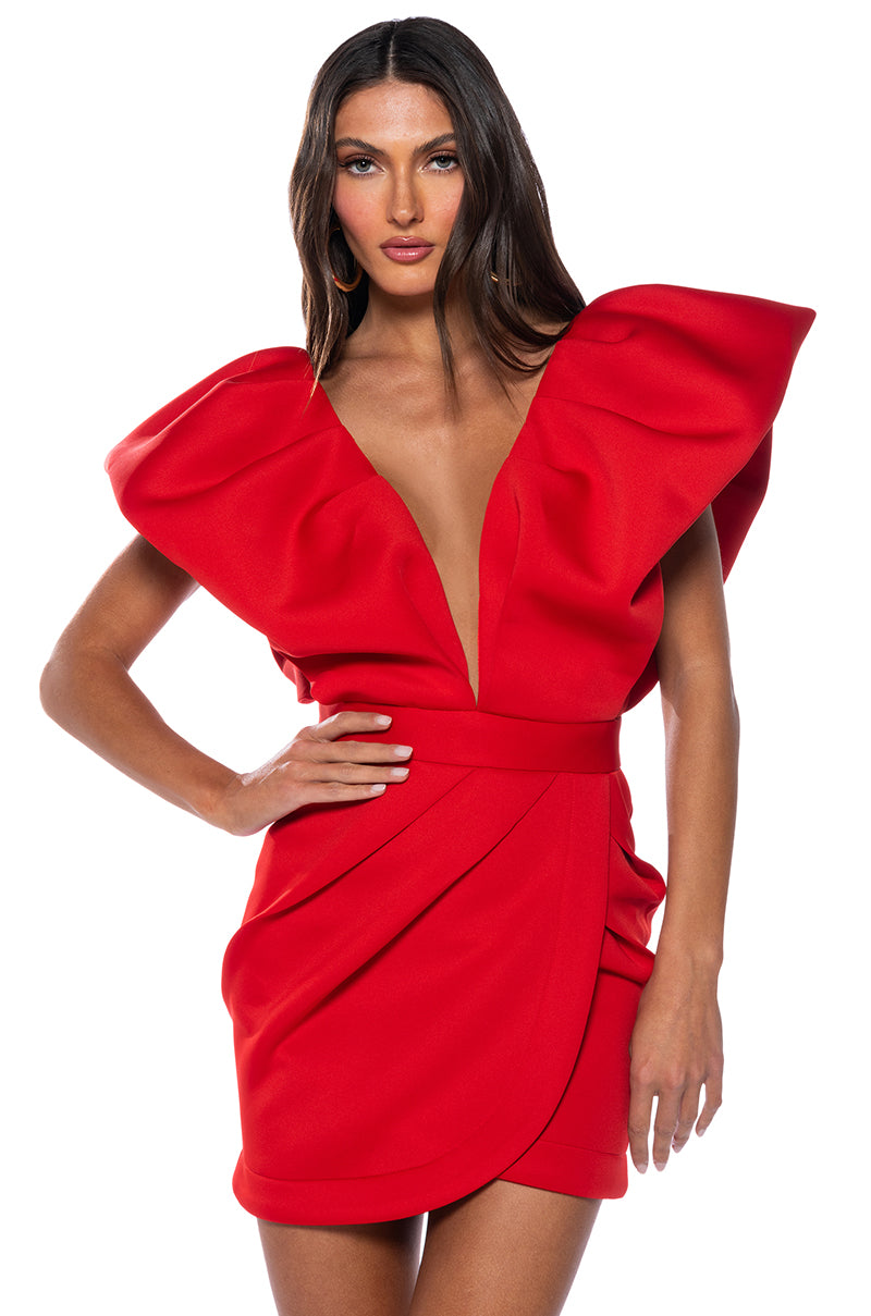 Front View Irreplaceable Ruffle Sleeve Tulip Hem Mini Dress In Red