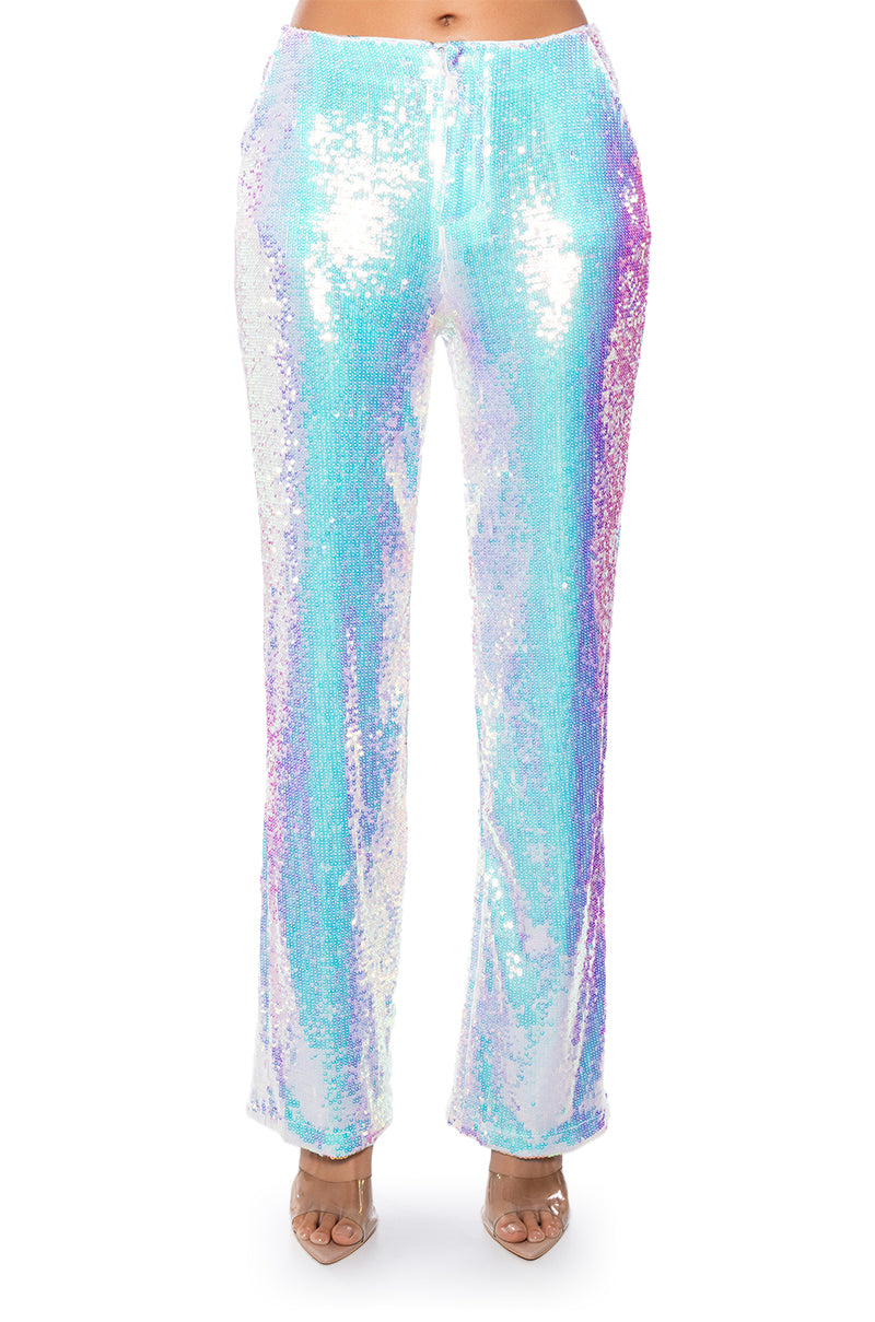 Back View Irresistible Girl Sequin Wide Leg Pant In White